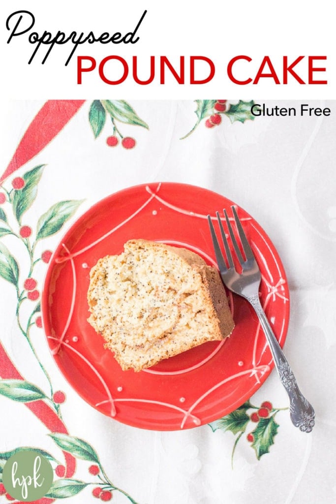 A Gluten Free Poppyseed Pound Cake recipe that's perfect for the holidays or just when you get a sweet tooth. It's a simple flavor that can stand on it own or can be eaten with a little ice cream. Keep it for you family or give it as a baked good gift! #cake #glutenfree #poundcake #holidays #treat #sweets #christmas