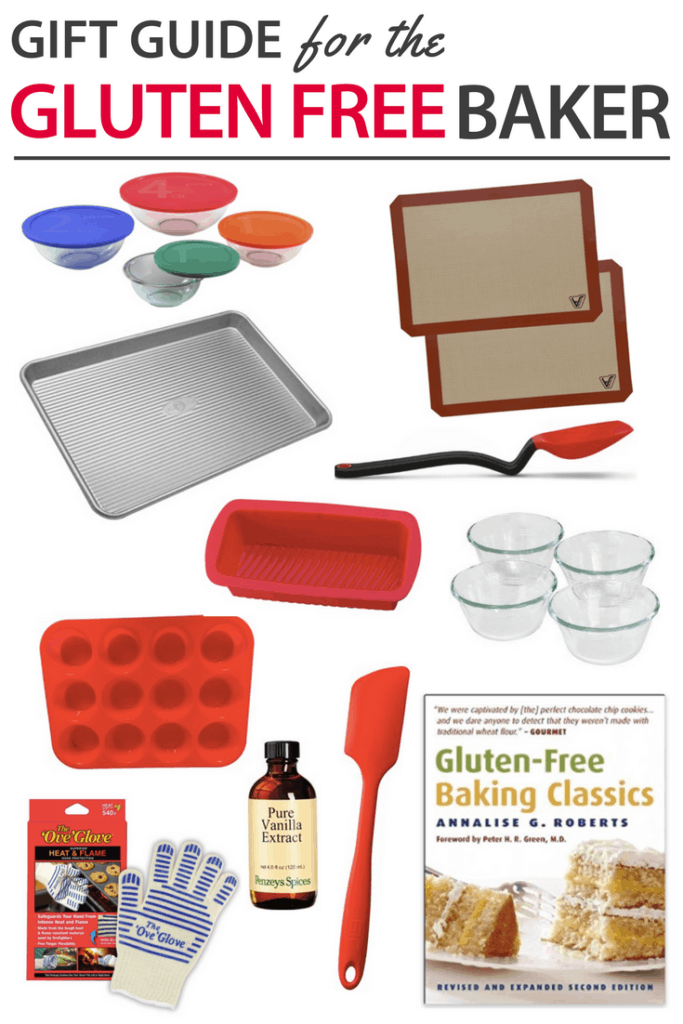 Looking for Gluten Free Gift Ideas for friends or family? This simple list of items are sure to go over well for the gluten free baker. Give one on it's own or put smaller ones together for a gift basket. Gift a Happy Holidays! #glutenfree #gifts