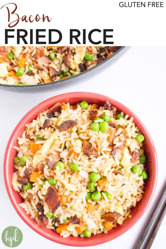This Bacon Fried Rice is a gluten free comfort food, made slightly healthy with the addition of veggies. It's an easy recipe for family dinners, or put an egg on top and eat it for breakfast. Click to get to the recipe! #bacon #glutenfree