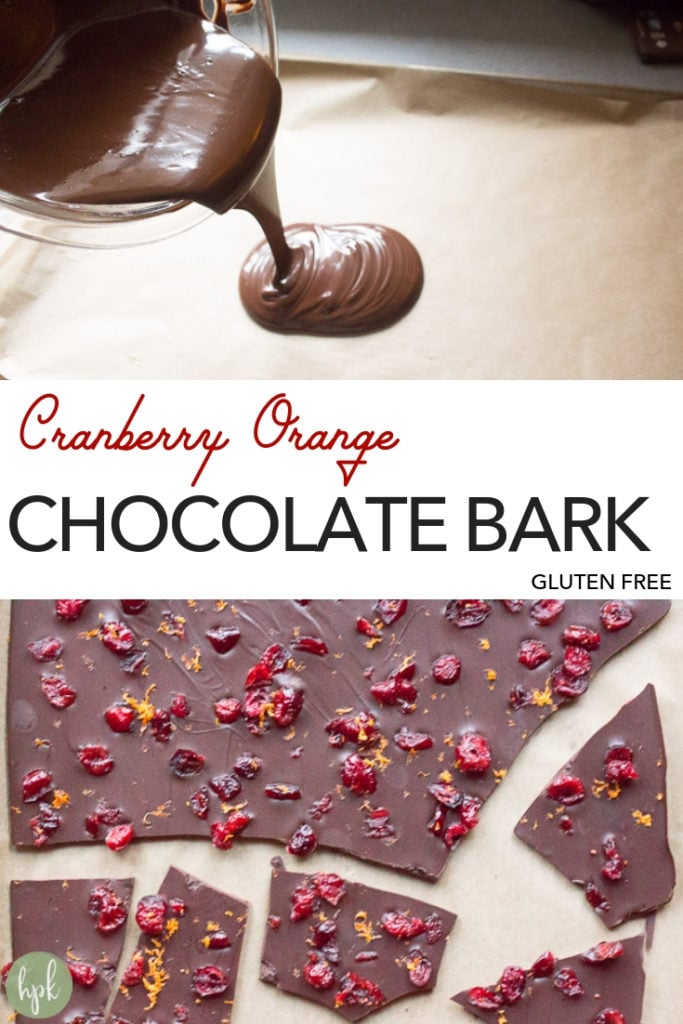 This Cranberry Orange Dark Chocolate bark is gluten free and easy to make. With just four ingredients, it's a super simple recipe perfect to give for Christmas or enjoy on your own anytime. The dried cranberry lends a bit of tartness while the orange flavor gives it a citrusy twist. Make it this weekend and see how quickly it comes together! #chocolate #glutenfree #driedfruit #sweettreats