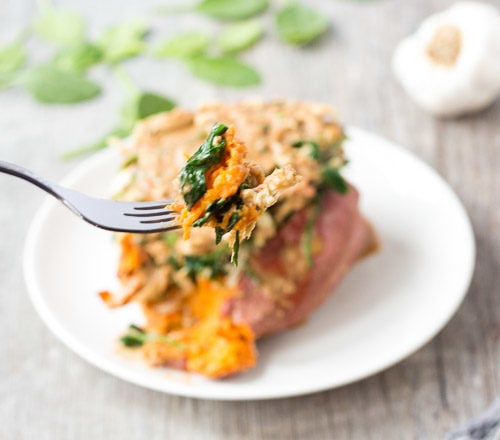a fork holding up a bite of swimming rama loaded sweet potato with the potato on a white plate in the background on a gray surface with spinach leaves and a head of garlic behind it.