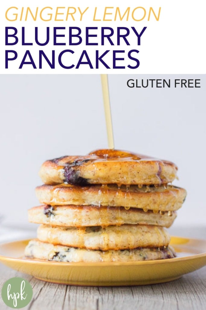 These Gluten Free Gingery Lemon Blueberry Pancakes are a simple way to make breakfast special. They use Pamela's pancake mix to make the recipe super easy, and the flavors are mild enough that it's great for kids. Put these fluffy pancakes on your breakfast table today! #pancakes #glutenfree #breakfast #lemon