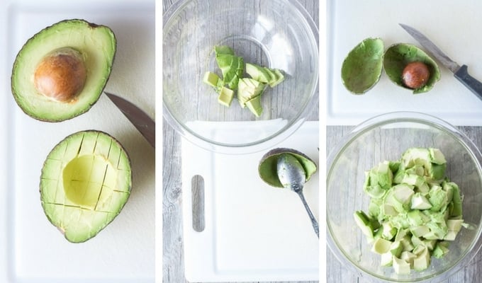 process shot of how to cut an avocado for guacamole