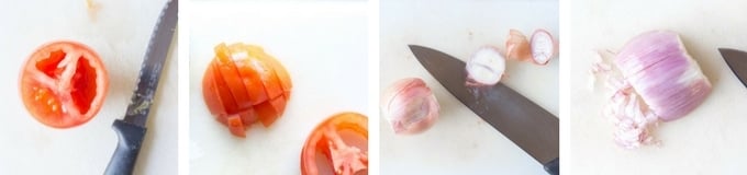 process shot of how to cut tomatoes and shallots for guacamole