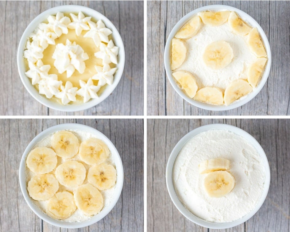 Collage of ways to top Crustless Banana Cream Pie Cups