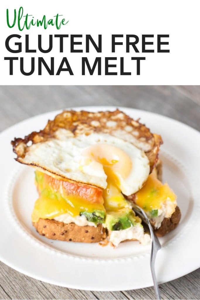 This Ultimate Gluten Free Tuna Melt is an easy dinner recipe when you need something quickly. Pile all but one of the ingredients open face style on a piece of bread and pop it in the oven, then put a fried egg on top when it's all done. It might not be super healthy, but it is super delicious. Click to get to the recipe! #glutenfree #dinner