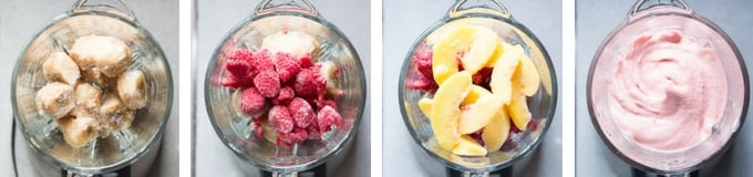four-part process shot of raspberry peach ice cream in a blender