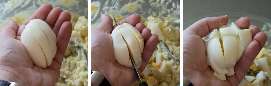 three process shots of cutting an egg while holding it in your hand