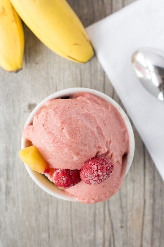three ingredient raspberry peach nice cream #glutenfree #vegan #dessert #recipe