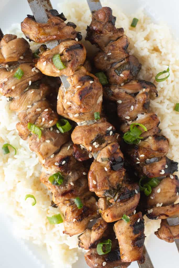 Top down shot of pieces of chicken on metal skewers on top of white rice with sesame seeds and chopped green onions over it.