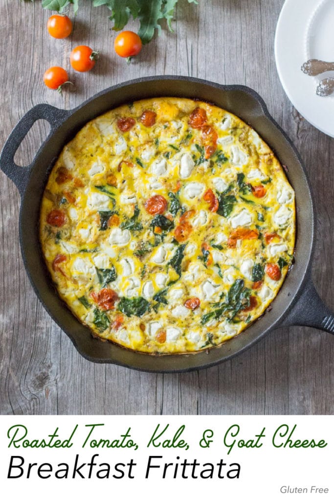 This Roasted Tomato, Kale, & Goat Cheese Breakfast Frittata is a healthy and easy way to get your veggies in. Everything gets combined into a cast iron skillet then cooks up in the oven to meld the flavors together. A yummy vegetarian meal for breakfast or dinner! #breakfast #frittata #vegetarian