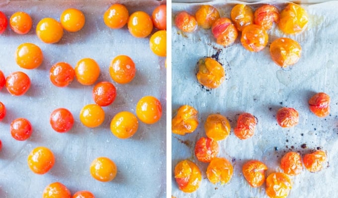 process shot of roasting cherry tomatoes - unroasted on left, roasted on right