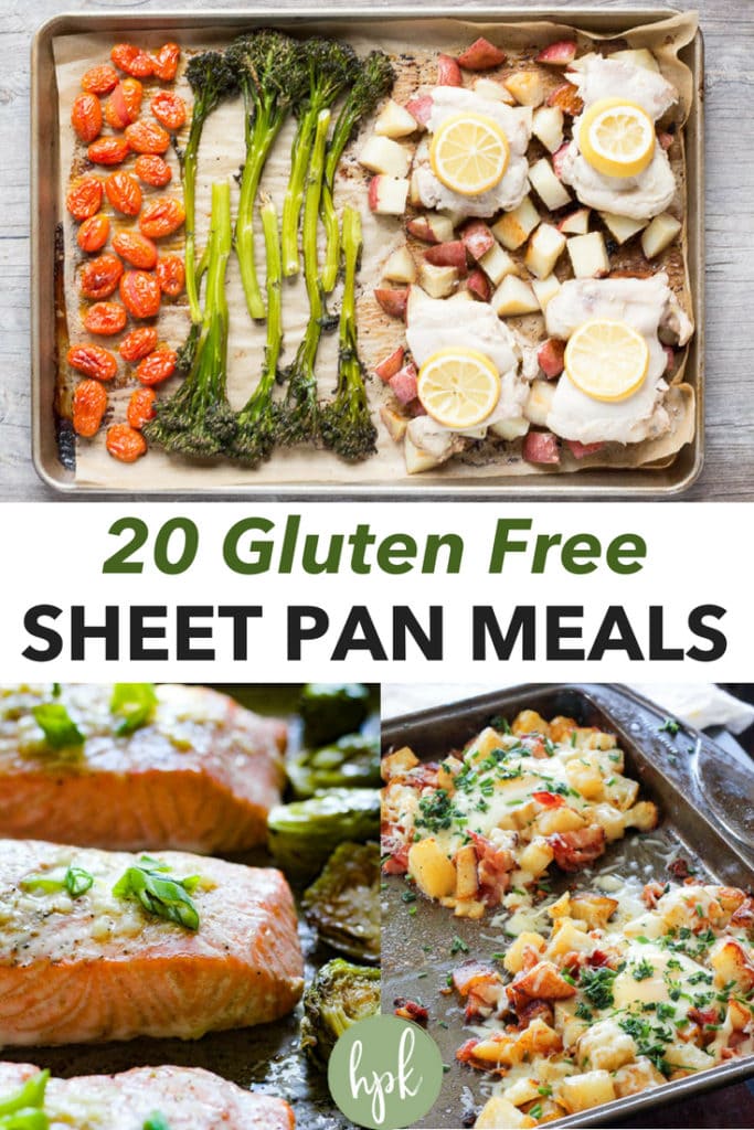 Pinterest pin with three images of sheet pan meals, one horizontal one on the top and two smaller vertical ones on the bottom with text in the middle.