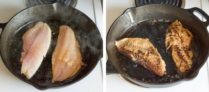 process shot of cooking easy fish tacos in a cast iron skillet