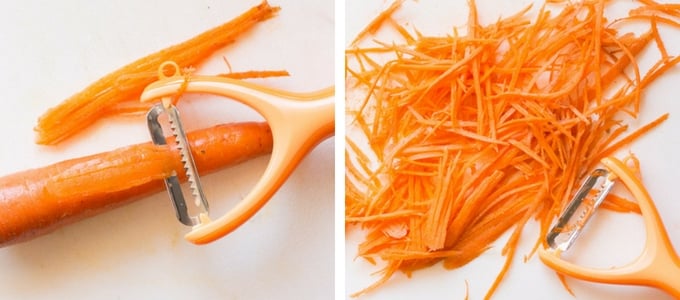 process shot of julienning carrots
