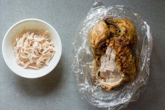 a rotisserie chicken on the right in a plastic bag with the left breast shredded into a white bowl on the left