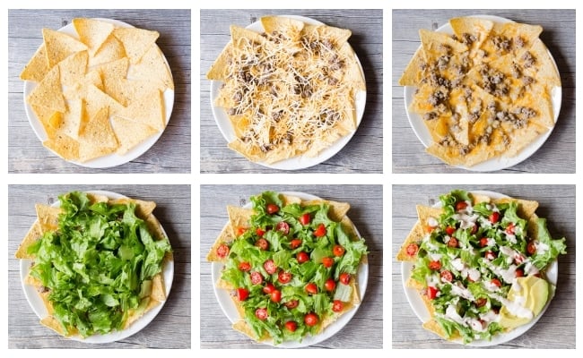 A 6 part process shot collage compiling a nacho salad on a white plate.