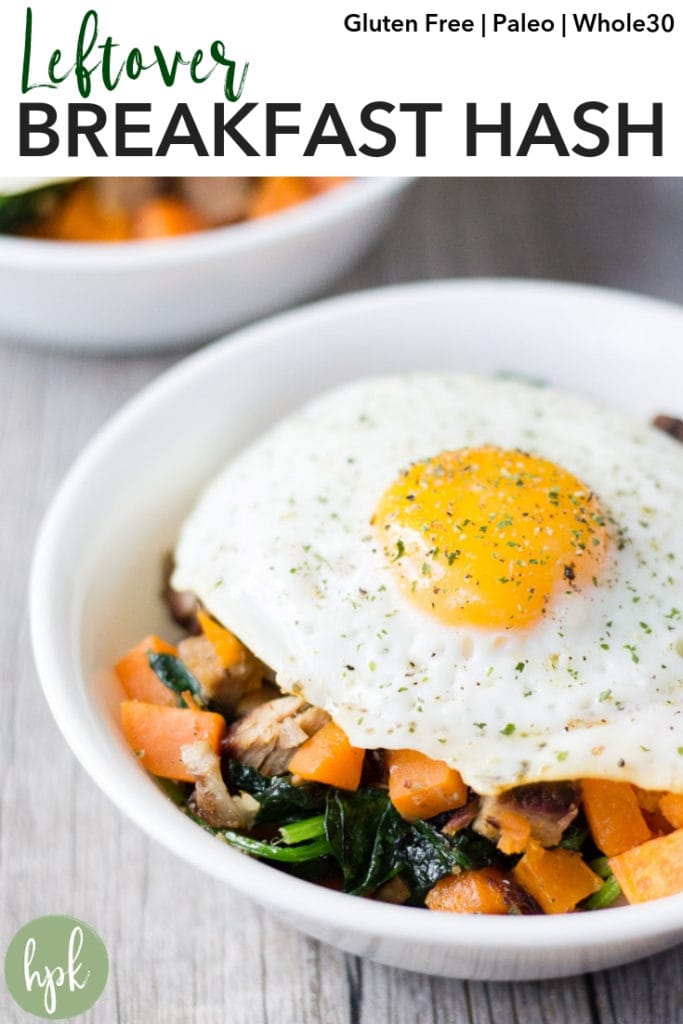 This Leftover Breakfast Hash is an easy way to put leftover meats and veggies to good use. It’s made in one skillet and if your leftover meat is compliant, can also be paleo or Whole 30. Use sweet potato or regular potato, and whatever greens you have on hand, like kale or spinach. Click here to have breakfast cooked in just 15 minutes! #breakfast #glutenfree #whole30 #paleo