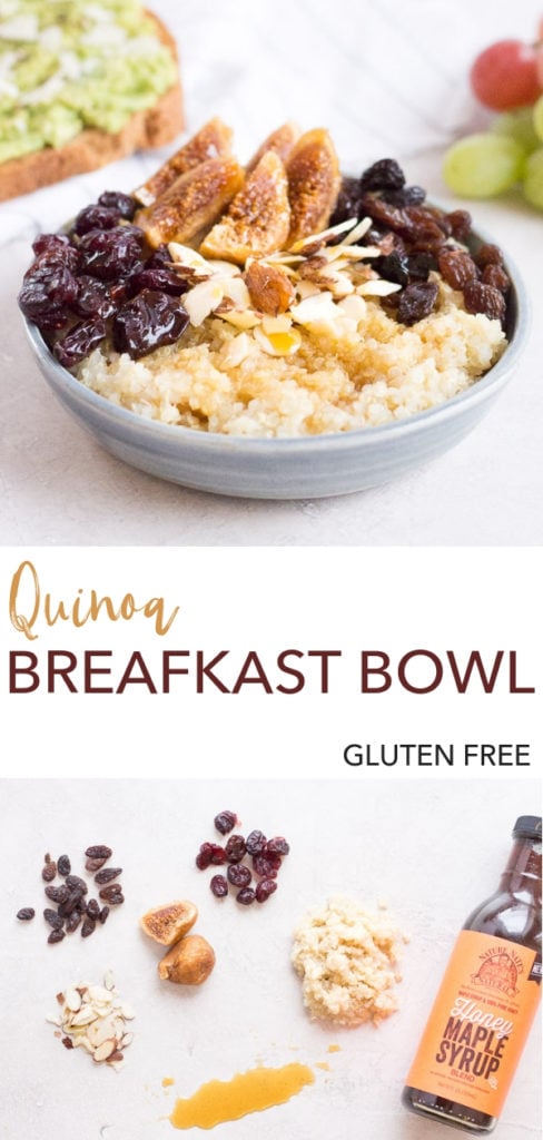 This Quinoa Breakfast Bowl is an easy gluten free recipe for busy mornings. It's eaten warm and made sweet by a drizzle of maple syrup on top of the slivered almonds and dried fruit. A filling and healthy way to start the day! #glutenfree #breakfast
