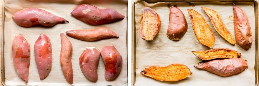 process shot of baked sweet potato on a sheet pan with parchment paper