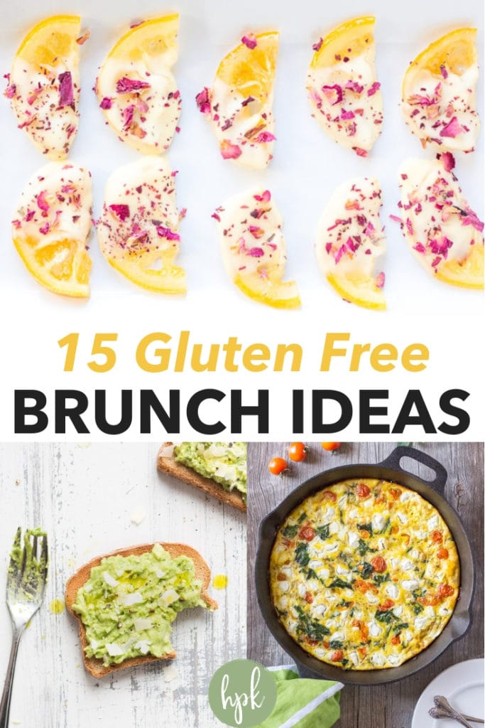pin for gluten free brunch ideas with white chocolate candied lemons on the top of the pin, avocado toast in the bottom left corner, and a tomato, kale, and cheese frittata on the bottom right.