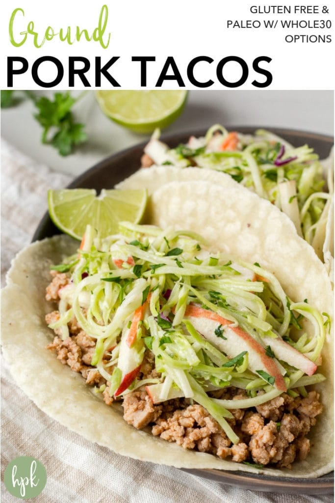 These Ground Pork Tacos are an easy and healthy paleo dinner option that's quick to make for a weeknight. Topped with slaw and cooked with seasoning like paprika and chipotle, there's just a hint of smokiness. They're also Whole30 compliant when eaten as lettuce wraps! #paleo #pork #whole30 #tacos