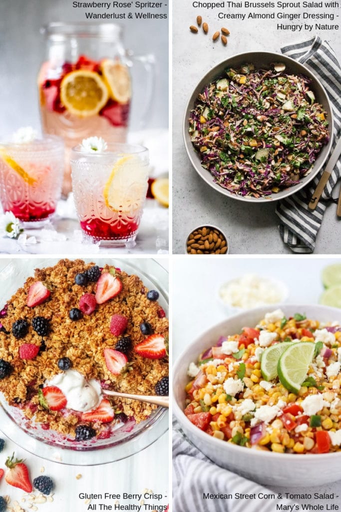 Four picture collage of different gluten free recipes for summer, including a drink, two salads, and a dessert.