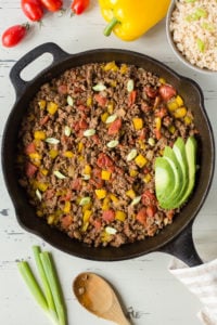 top down view of mexican ground beef in a skillet