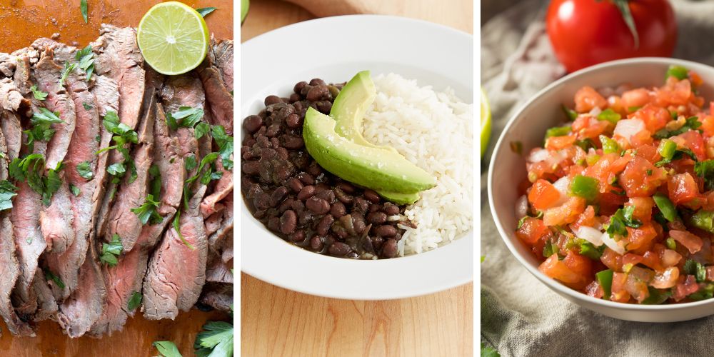 A three frame shot of burrito bowl ingredients, with (l-r) grilled flank steak, a bowl of black beans and rice with avocado on it, and a bowl of pico de gallo.