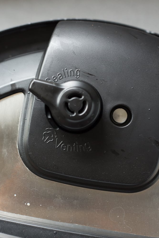 Close up of an Instant Pot valve set to sealing.