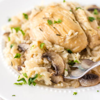 a fork scooping chicken and rice with mushrooms