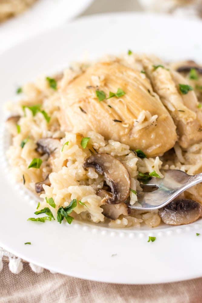 A fork scooping chicken thighs and rice with mushrooms off a white plate.