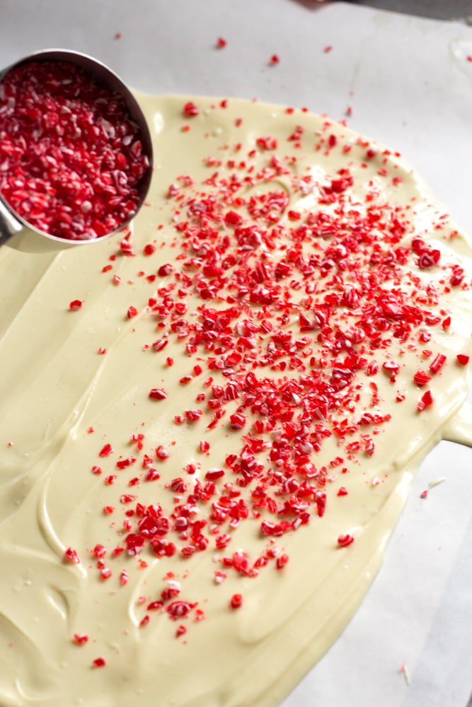 Red and white bits of peppermint candy being poured out of a gray measuring cup onto a slab of melted white chocolate.