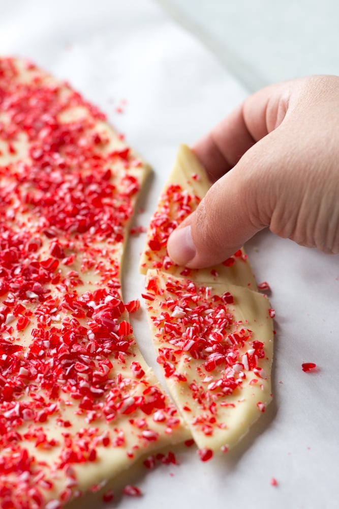 A hand breaking up white chocolate peppermint bark that's lying on a sheet pan lined with white parchment paper.