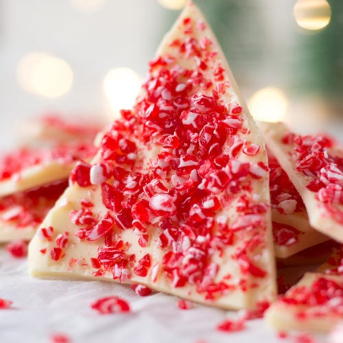 a piece of white chocolate peppermint bark standing up