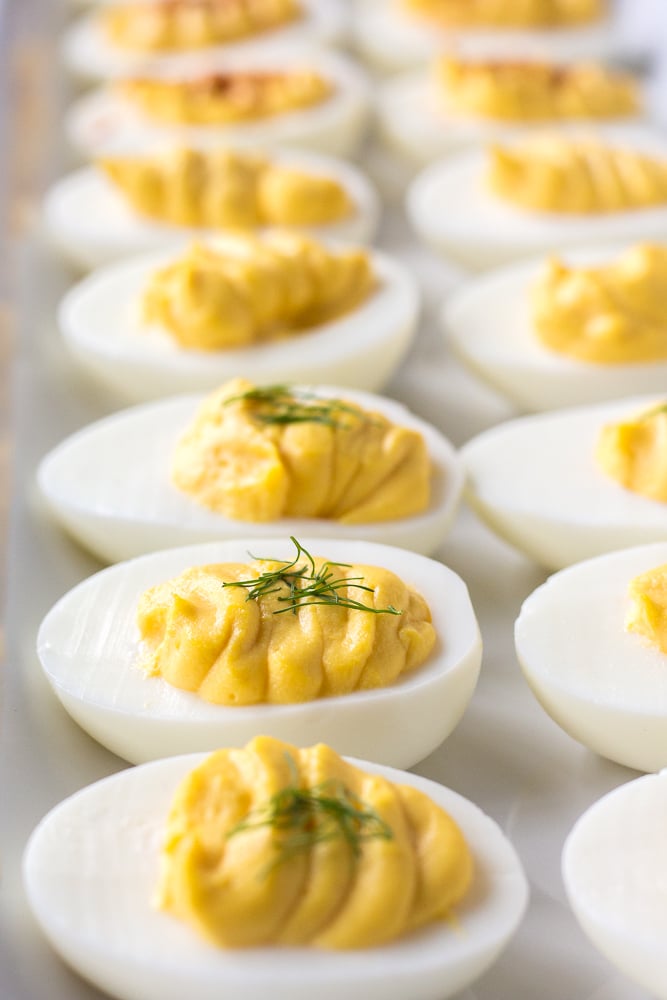 side shot of two rows of whole30 deviled eggs