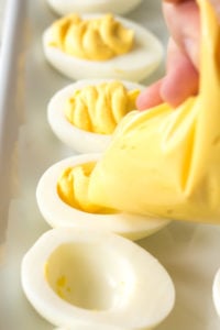 squeezing egg mixture into whites for deviled eggs