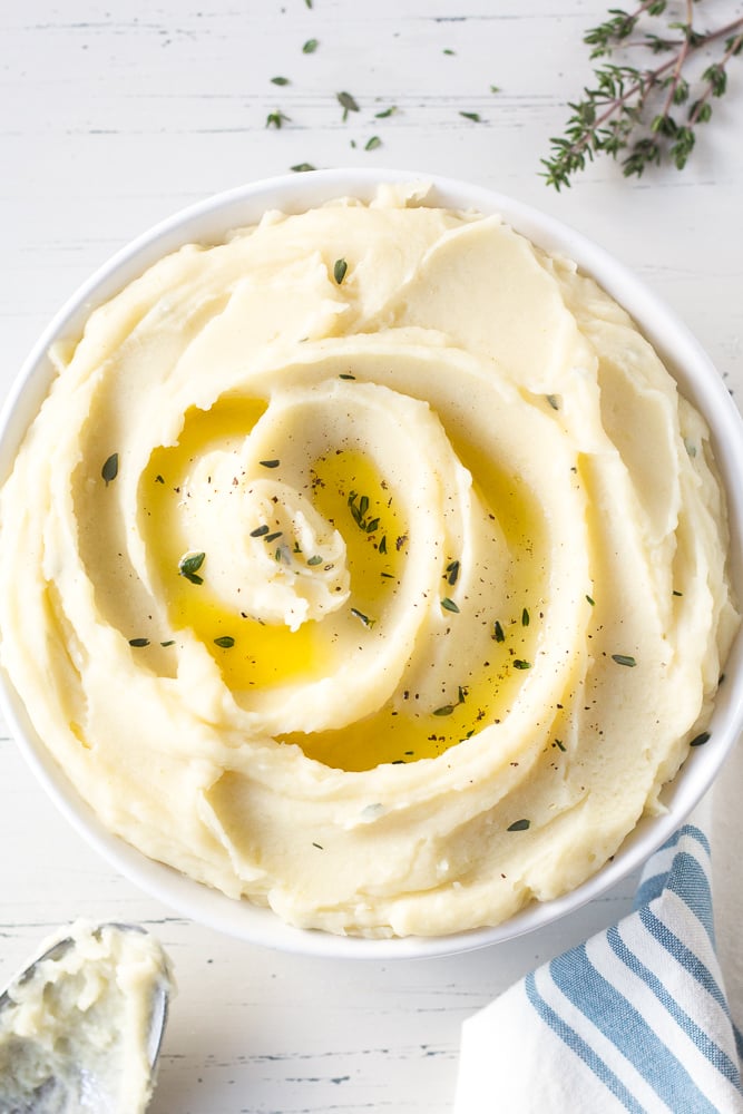 top down shot of instant pot whole30 mashed potatoes with thyme