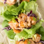 top down shot of whole30 grilled shrimp tacos in lettuce