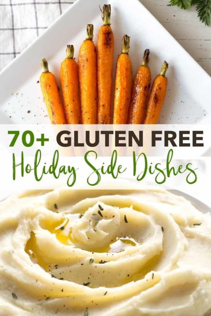 pin for holiday side dish roundup with a photo of roasted carrots at the top and a close up of mashed potatoes at the bottom.