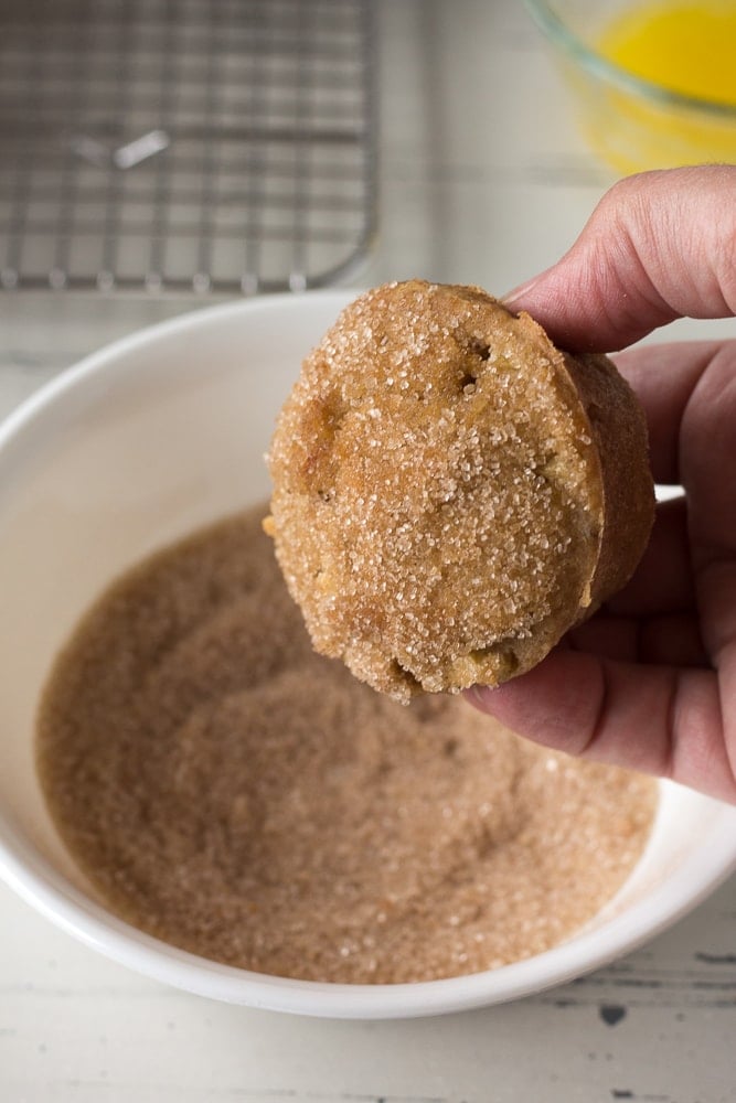 a hand holding an apple muffin with freshly dipped cinnamon sugar mixture on top