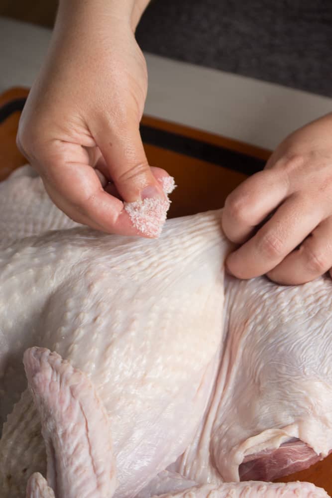 A pair of hands putting kosher salt under the skin of a raw turkey with hands.