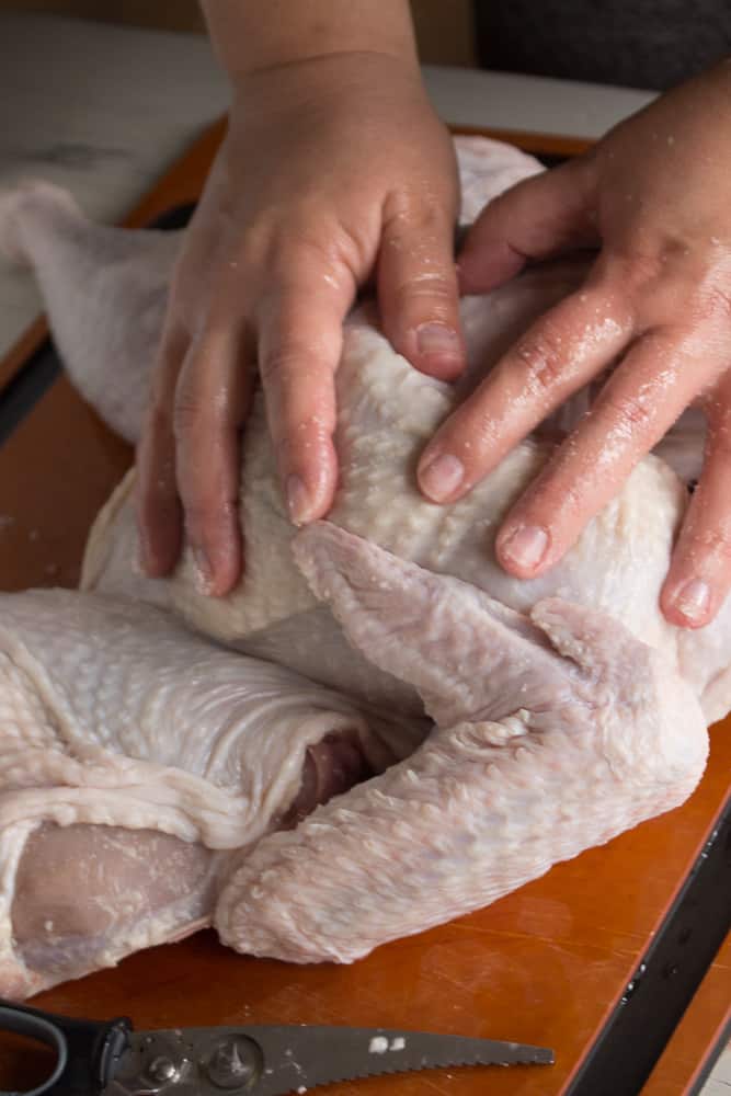 Rubbing salt on the skin of a raw turkey with two hands.