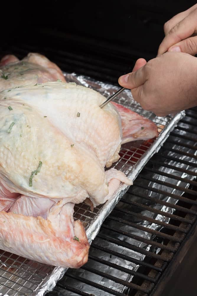 Inserting a temperature probe into a raw spatchcocked turkey on a grill.