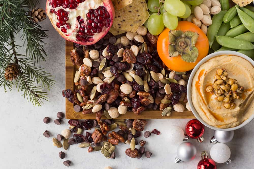 trail mix on a holiday appetizer board