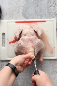 cutting along one side of the tailbone of a raw chicken