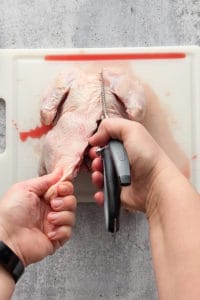 cutting a raw chicken along one side of its backbone