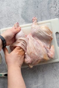 putting dry brine seasoning under the thigh skin of a chicken