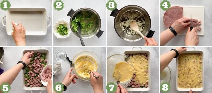 eight shot process collage of ham and broccoli breakfast casserole