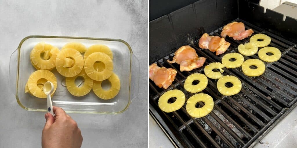 two picture collage showing prepping and grilling pineapple slices and chicken.